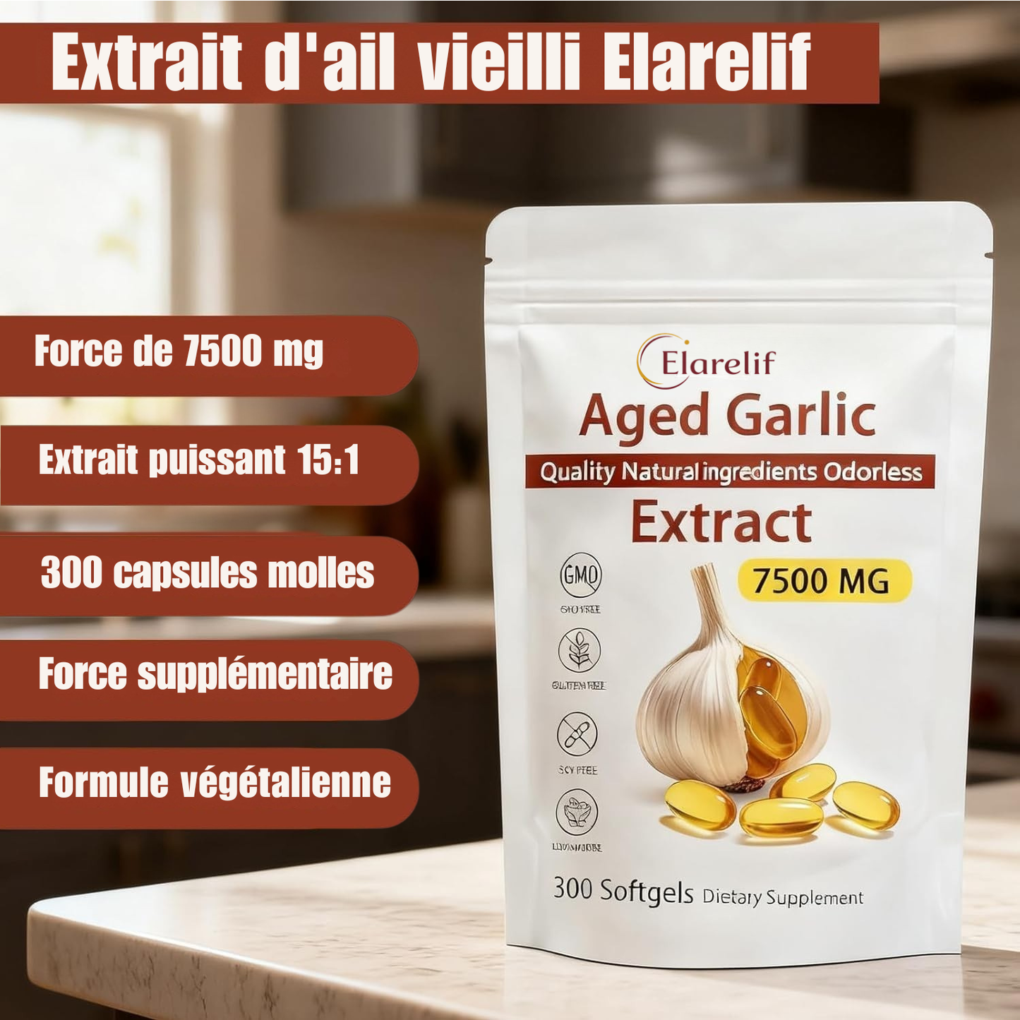 Extrait d'ail vieilli - 7500 mg, gélules inodores